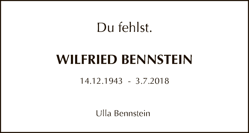  Traueranzeige für Wilfried Bennstein vom 30.06.2019 aus Tagesspiegel