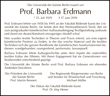 Traueranzeige von Barbara Erdmann von Tagesspiegel