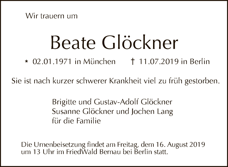  Traueranzeige für Beate Glöckner vom 28.07.2019 aus Tagesspiegel