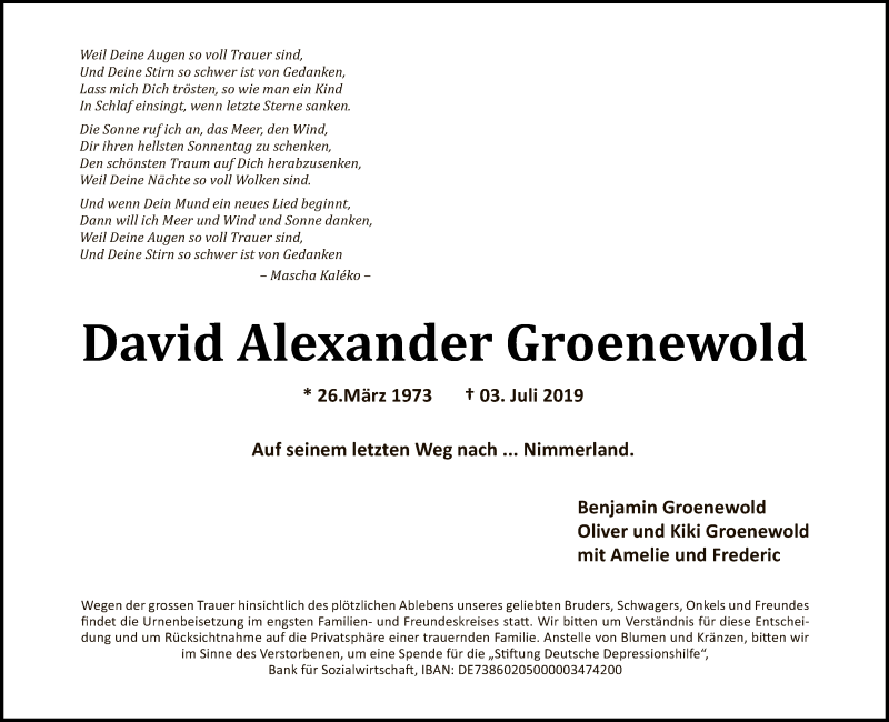  Traueranzeige für David Alexander Groenewold vom 14.07.2019 aus Tagesspiegel