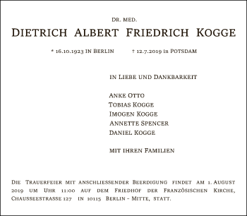 Traueranzeige von Dietrich Albert Friedrich Kogge von Tagesspiegel