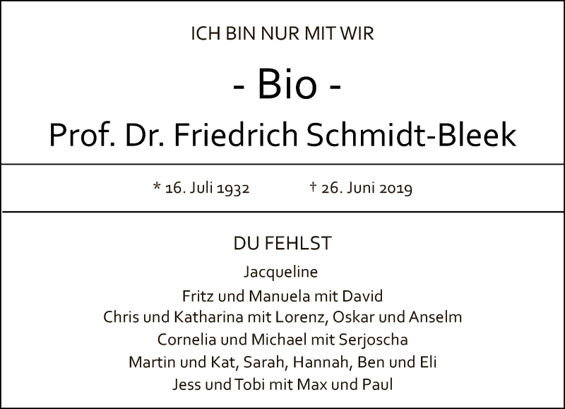 Traueranzeige für Friedrich Schmidt-Bleek vom 07.07.2019 aus Tagesspiegel