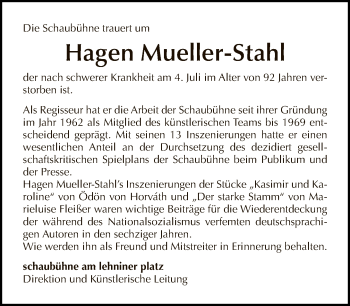 Traueranzeige von Hagen Mueller-Stahl von Tagesspiegel