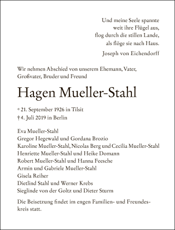 Traueranzeige von Hagen Mueller-Stahl von Tagesspiegel