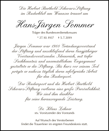 Traueranzeige von Hans-Jürgen Sommer von Tagesspiegel