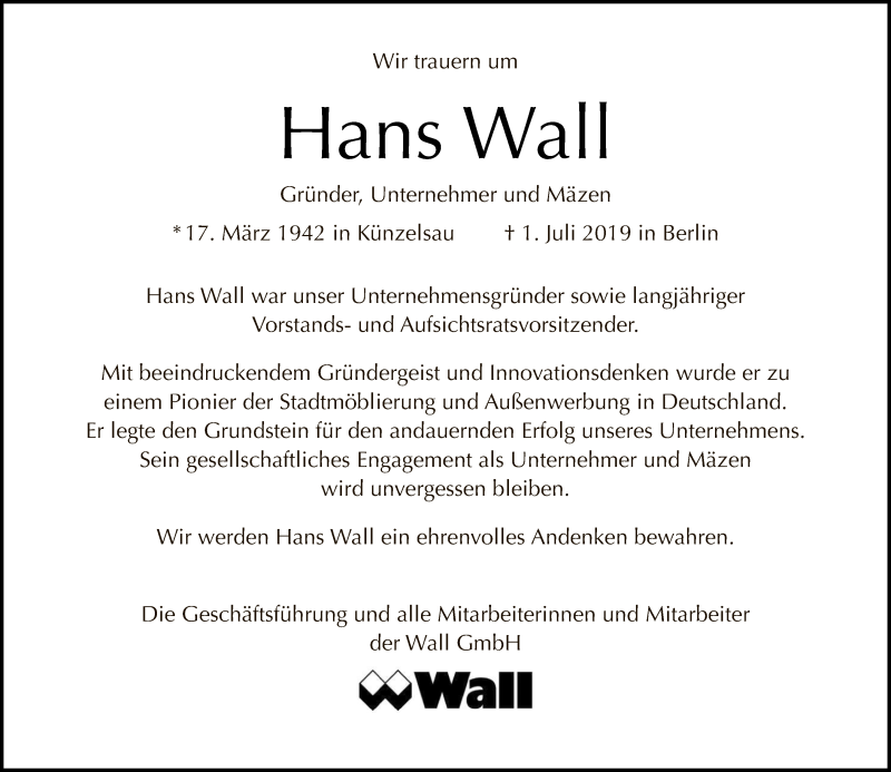  Traueranzeige für Hans Wall vom 14.07.2019 aus Tagesspiegel