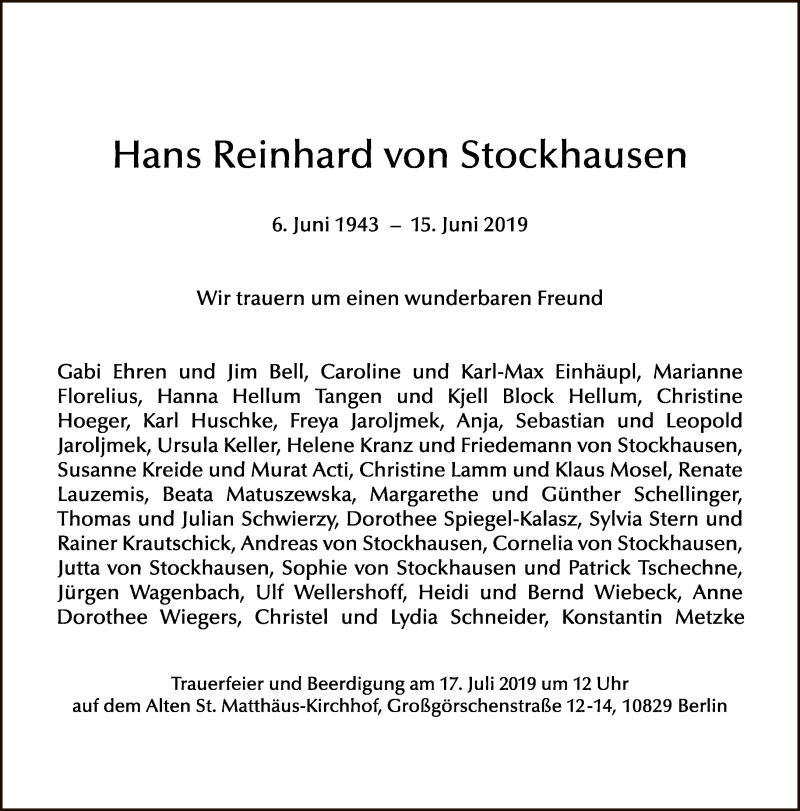  Traueranzeige für Hans Reinhard von Stockhausen vom 14.07.2019 aus Tagesspiegel