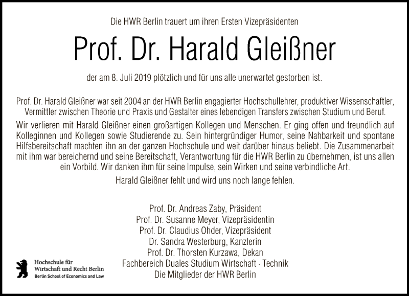  Traueranzeige für Harald Gleißner vom 28.07.2019 aus Tagesspiegel