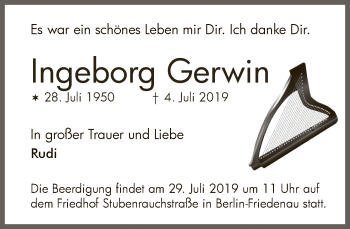 Traueranzeige von Ingeborg Gerwin von Tagesspiegel