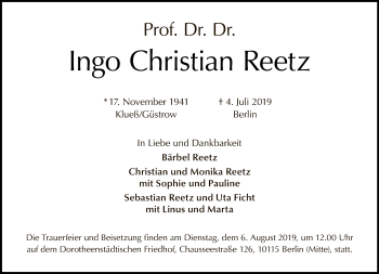 Traueranzeige von Ingo Christian Reetz von Tagesspiegel