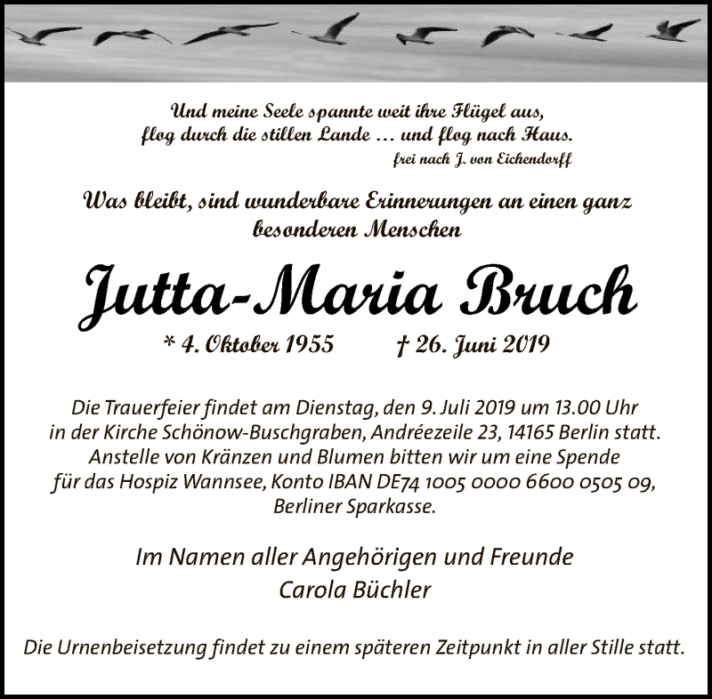  Traueranzeige für Jutta-Maria Bruch vom 07.07.2019 aus Tagesspiegel