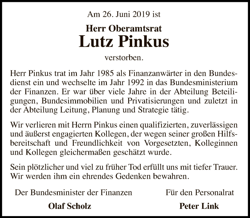  Traueranzeige für Lutz Pinkus vom 07.07.2019 aus Tagesspiegel