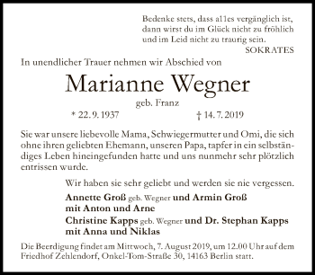 Traueranzeigen von Marianne Wegner | Tagesspiegel Trauer