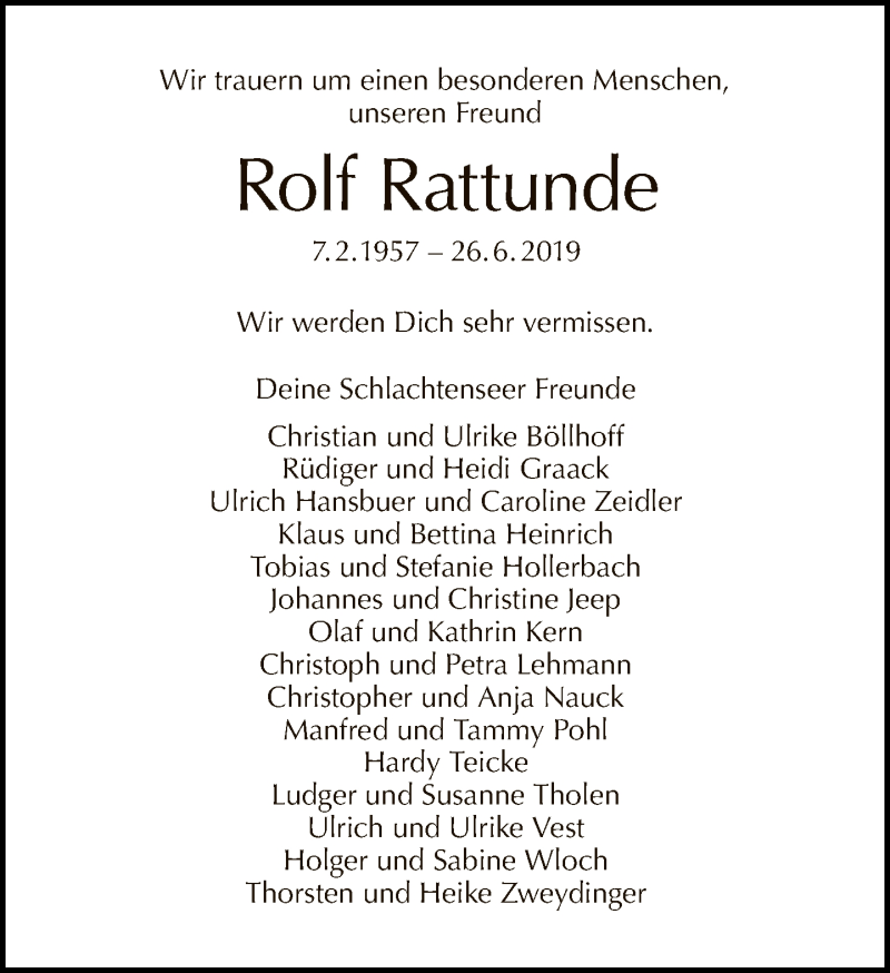  Traueranzeige für Rolf Rattunde vom 07.07.2019 aus Tagesspiegel