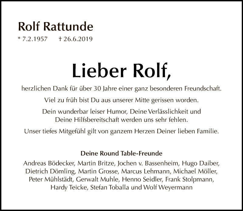  Traueranzeige für Rolf Rattunde vom 07.07.2019 aus Tagesspiegel