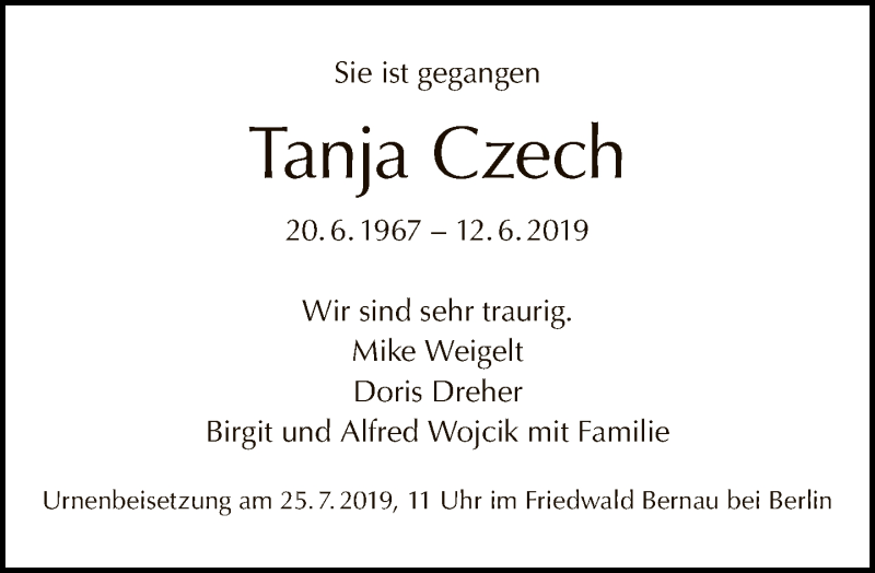  Traueranzeige für Tanja Czech vom 21.07.2019 aus Tagesspiegel