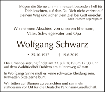 Traueranzeige von Wolfgang Schwarz von Tagesspiegel