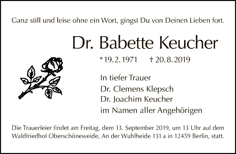  Traueranzeige für Babette Keucher vom 01.09.2019 aus Tagesspiegel