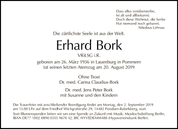 Traueranzeige von Erhard Bork von Tagesspiegel