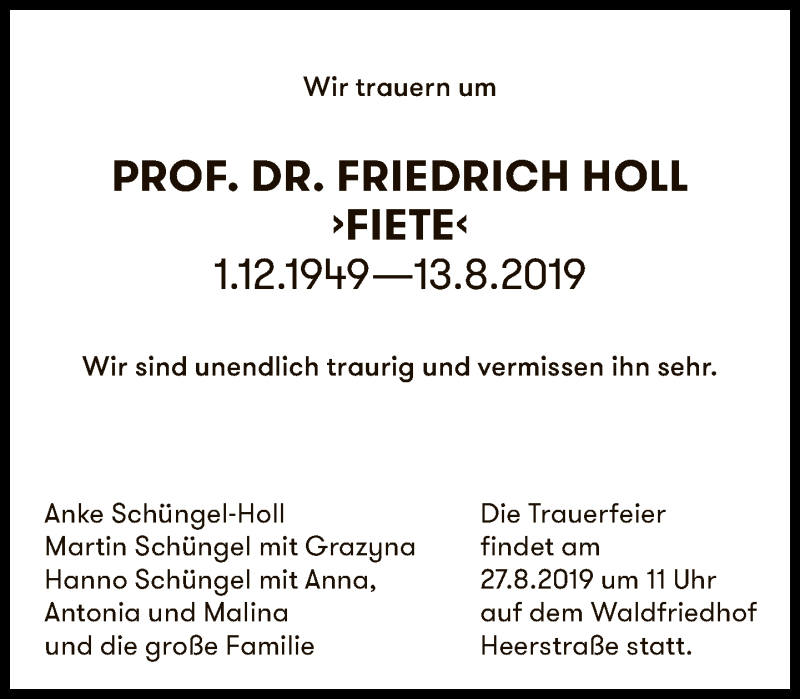  Traueranzeige für Friedrich Holl vom 18.08.2019 aus Tagesspiegel