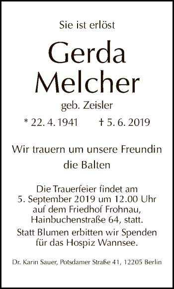 Traueranzeige von Gerda Melcher von Tagesspiegel