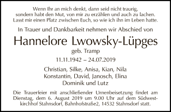 Traueranzeige von Hannelore Lwowsky-Lüpges von Tagesspiegel