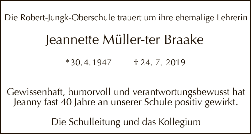  Traueranzeige für Jeannette  Müller-ter Braake vom 18.08.2019 aus Tagesspiegel