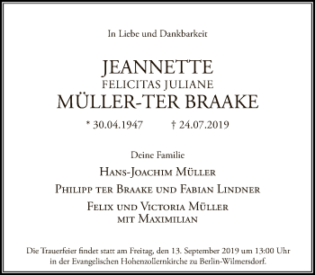 Traueranzeige von Jeannette Felicitas Juliane Müller - Ter Braake von Tagesspiegel