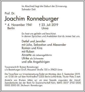 Traueranzeige von Joachim Ronneburger von Tagesspiegel
