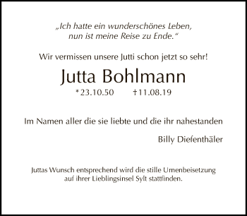 Traueranzeige von Jutta Bohlmann von Tagesspiegel