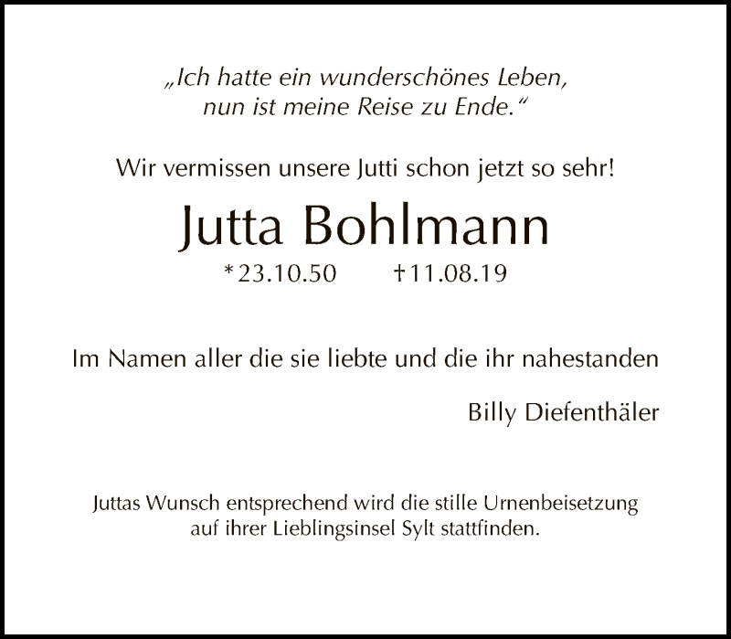  Traueranzeige für Jutta Bohlmann vom 18.08.2019 aus Tagesspiegel