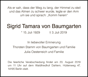 Traueranzeige von Sigrid Tamara von Baumgarten von Tagesspiegel