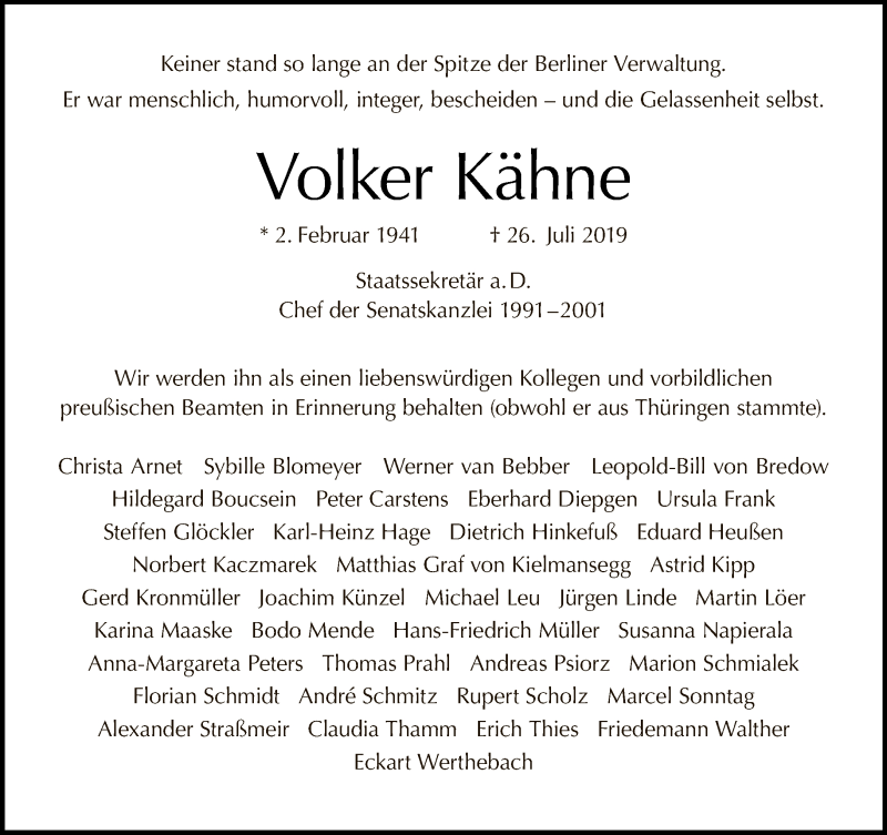  Traueranzeige für Volker Kähne vom 11.08.2019 aus Tagesspiegel