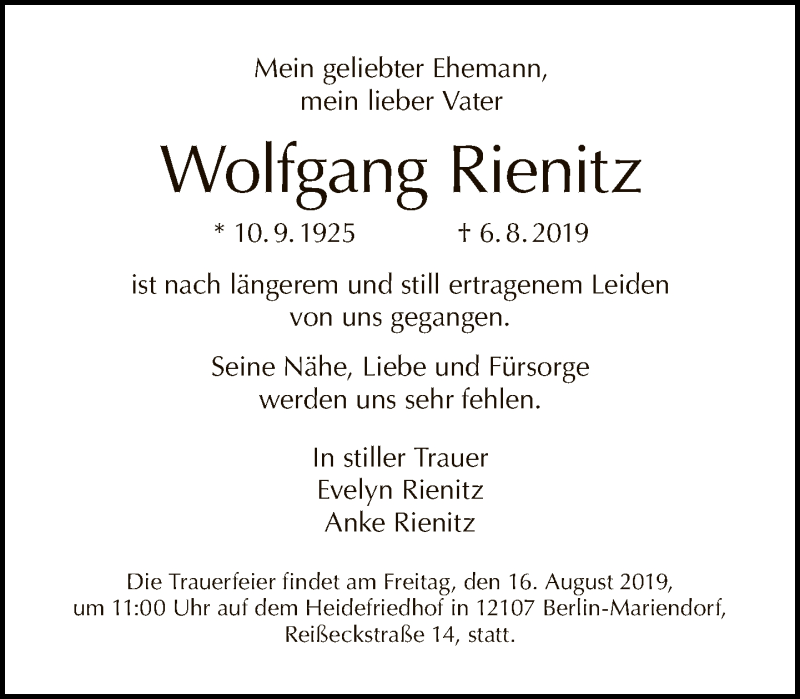  Traueranzeige für Wolfgang Rienitz vom 11.08.2019 aus Tagesspiegel