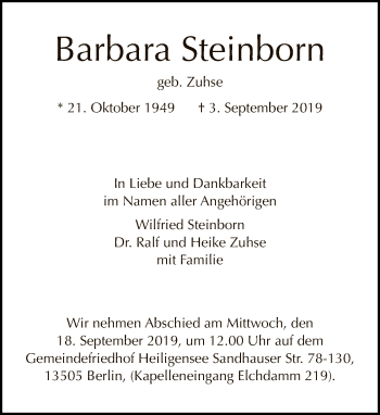 Traueranzeige von Barbara Steinborn von Tagesspiegel