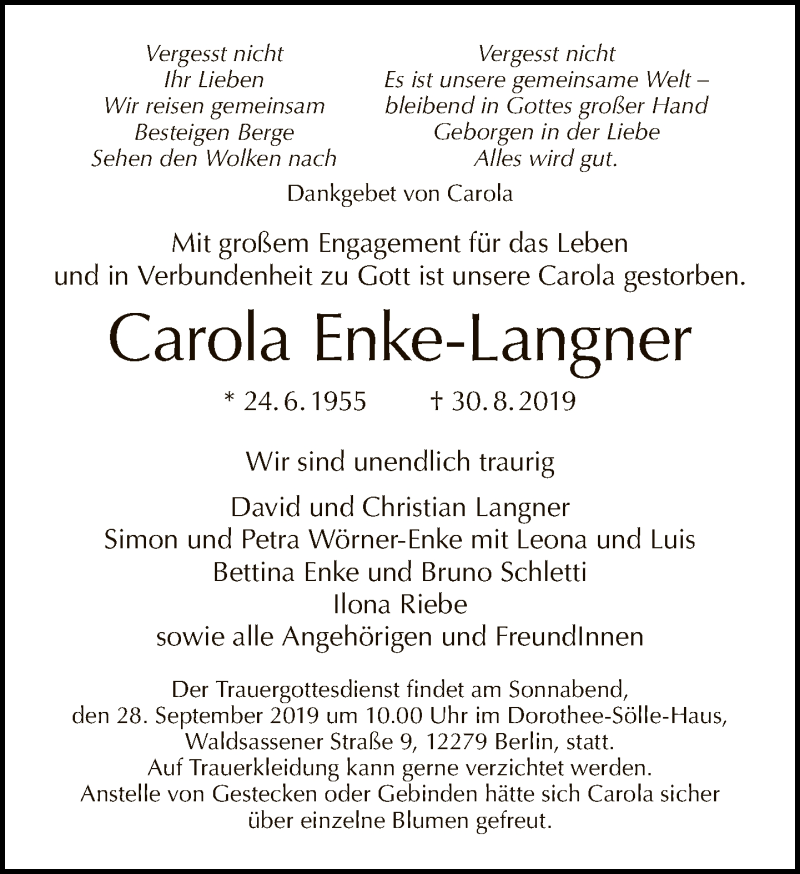  Traueranzeige für Carola Enke-Langner vom 08.09.2019 aus Tagesspiegel