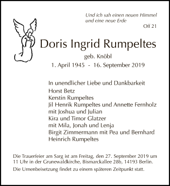 Traueranzeige von Doris Ingrid Rumpeltes von Tagesspiegel