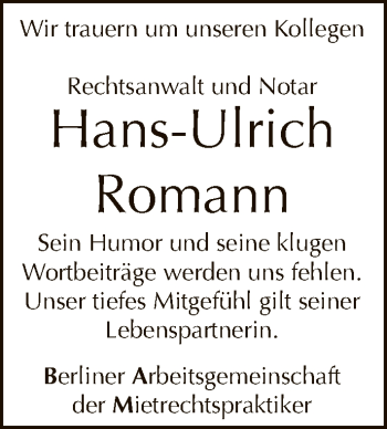 Traueranzeige von Hans-Ulrich Romann von Tagesspiegel