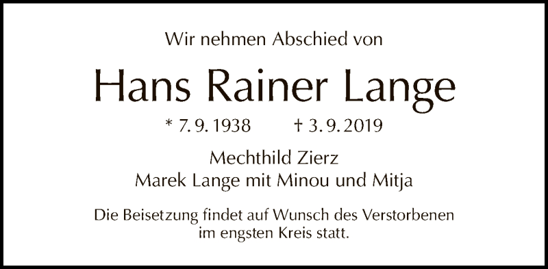  Traueranzeige für Hans Rainer Lange vom 08.09.2019 aus Tagesspiegel