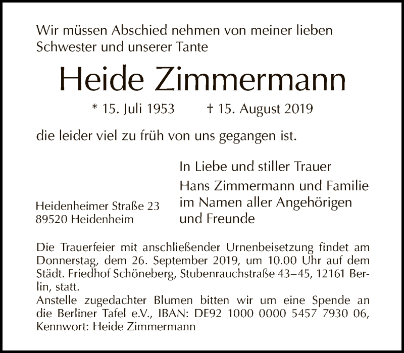  Traueranzeige für Heide Zimmermann vom 08.09.2019 aus Tagesspiegel