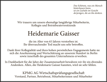 Traueranzeige von Heidemarie Gaisser von Tagesspiegel