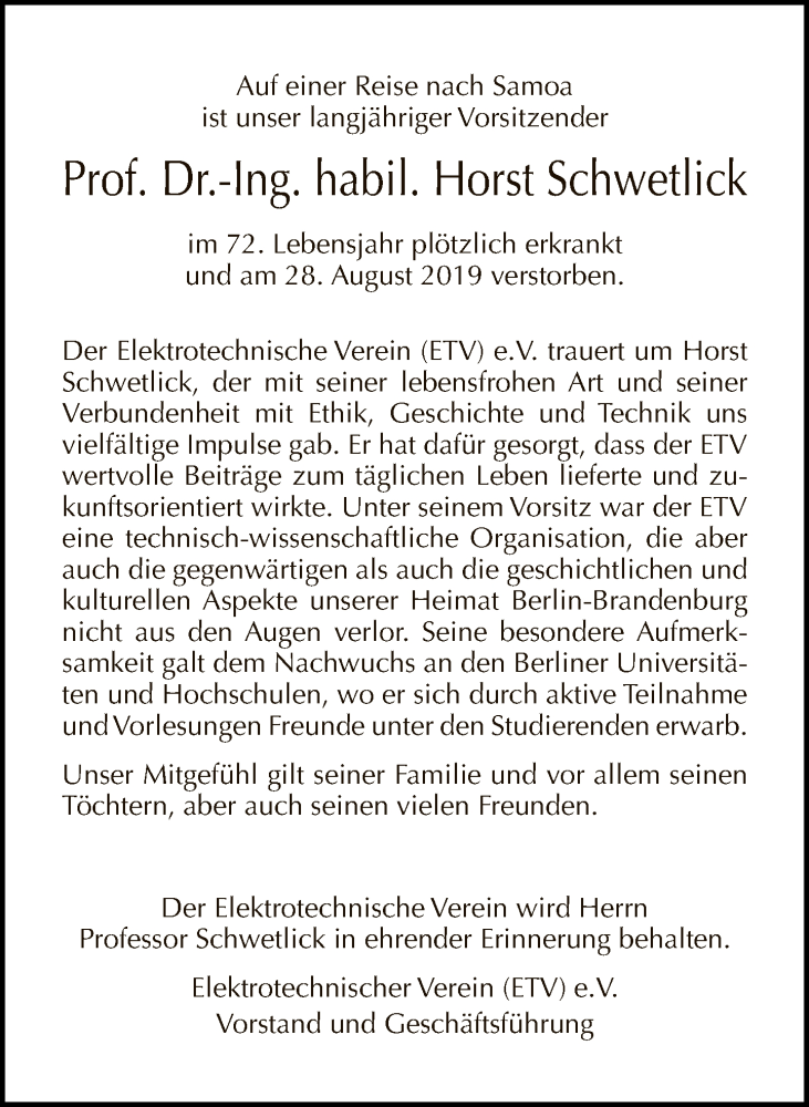  Traueranzeige für Horst Schwetlick vom 15.09.2019 aus Tagesspiegel