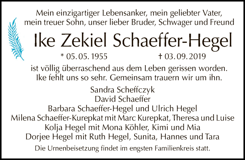  Traueranzeige für Ike Zekiel Schaeffer-Hegel vom 08.09.2019 aus Tagesspiegel