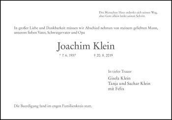Traueranzeige von Joachim Klein von Tagesspiegel