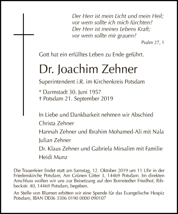 Traueranzeige von Joachim Zehner von Tagesspiegel