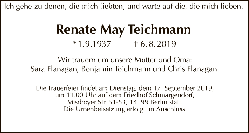 Traueranzeige für Renate May Teichmann vom 15.09.2019 aus Tagesspiegel