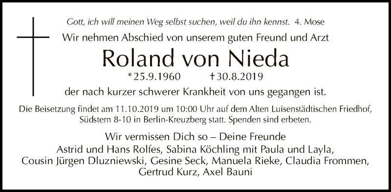  Traueranzeige für Roland von Nieda vom 29.09.2019 aus Tagesspiegel