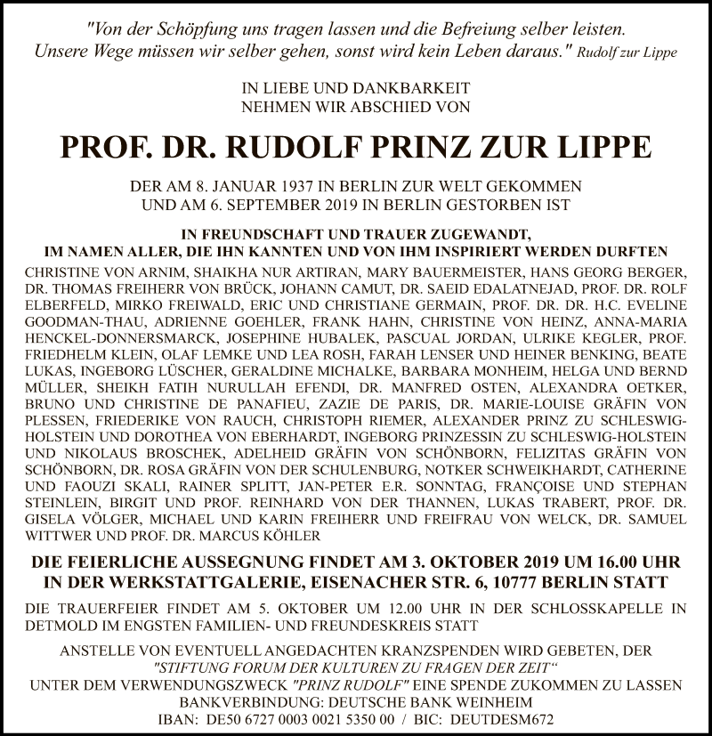 Traueranzeige für Rudolf Prinz zur Lippe vom 18.09.2019 aus Tagesspiegel