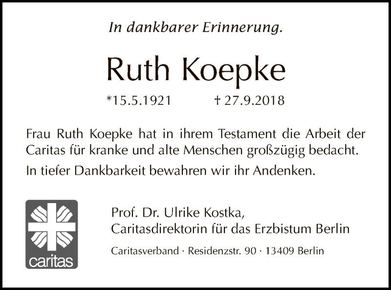  Traueranzeige für Ruth Koepke vom 29.09.2019 aus Tagesspiegel