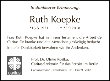 Traueranzeige von Ruth Koepke von Tagesspiegel